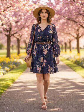 Old Navy Tasseled Peasant/Boho Dress Navy Pink Yellow Floral XL